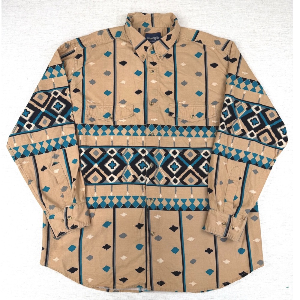 Vintage Wrangler Western Shirt Mens XXL Tan Southwestern Geometric Tribal Aztec